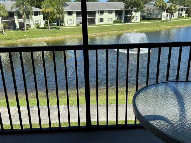 a view of a balcony with a table