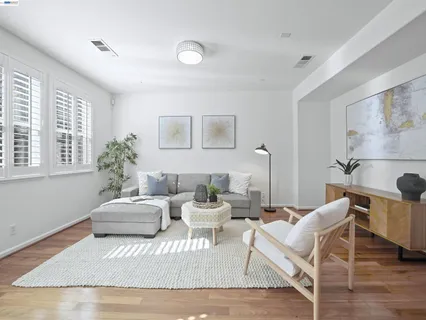 a living room with furniture and a potted plant