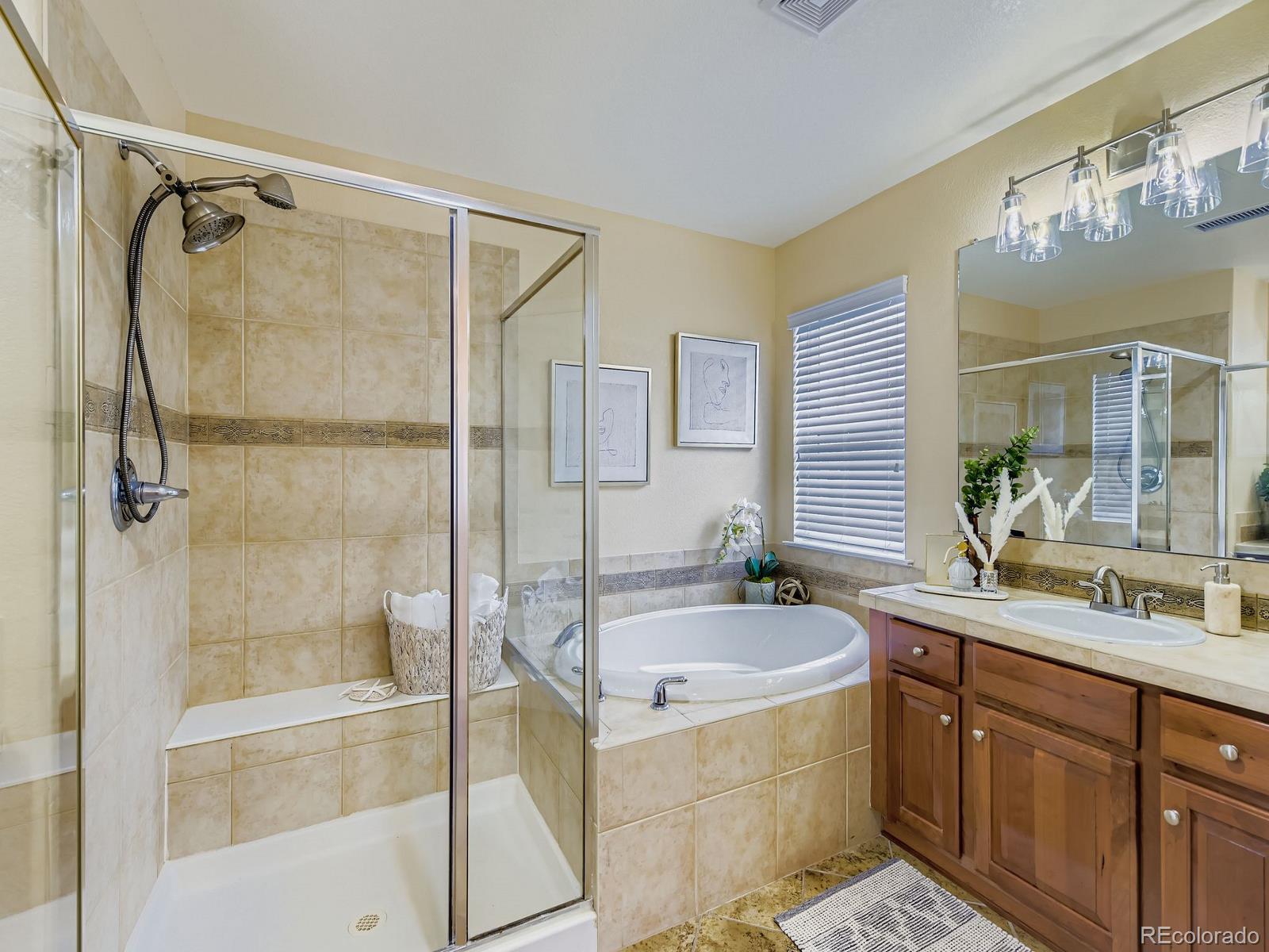 11074 Grayledge Circle Highlands Ranch, CO 80130 - Photo 22 of 47 a bathroom with a tub sink shower and mirror