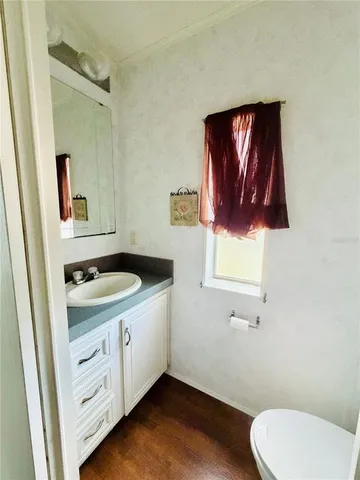 a bathroom with a toilet sink vanity and mirror