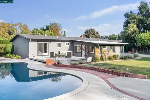 swimming pool view with a garden space