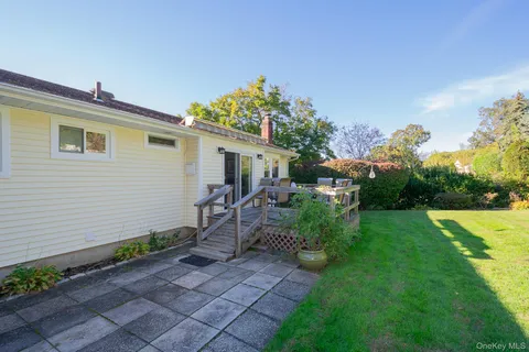 a view of a backyard with plants and a patio
