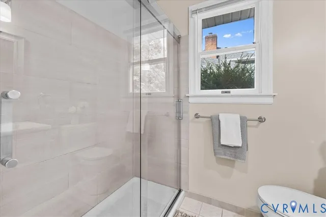 a bathroom with a shower a toilet and a window