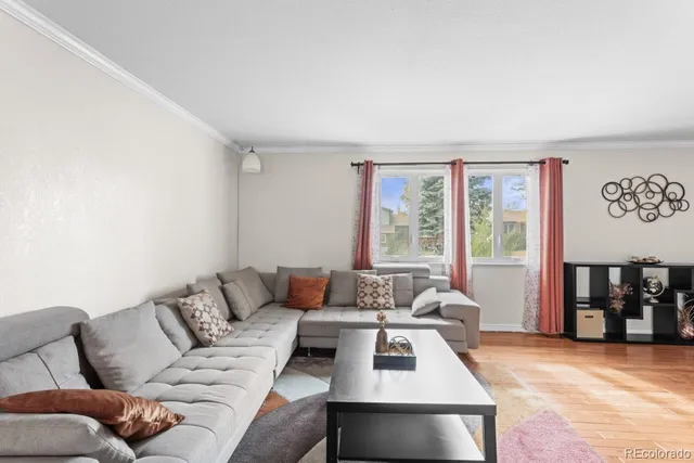 a living room with furniture and large window