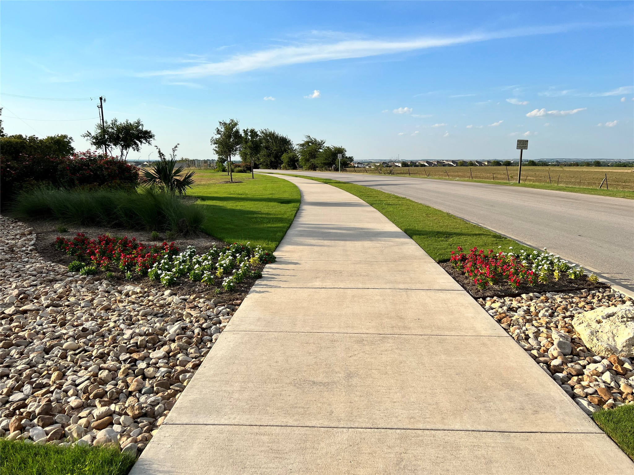 140 Pentro Path Georgetown, TX 78626 - Photo 2 of 37 A graceful pathway curves alongside the road, framed by manicured green spaces and colorful plantings.