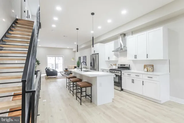 a large white kitchen with cabinets