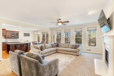 a living room with furniture a fireplace and a flat screen tv