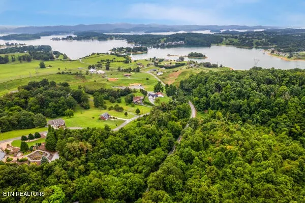 a view of a lake with houses in the back
