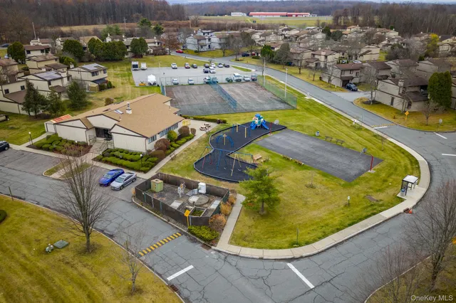 an aerial view of a swimming pool