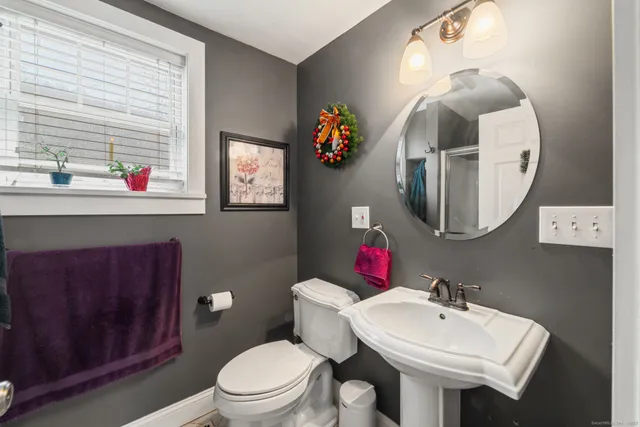a bathroom with a toilet a sink and mirror