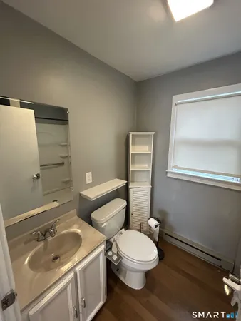 a bathroom with a sink mirror vanity and toilet