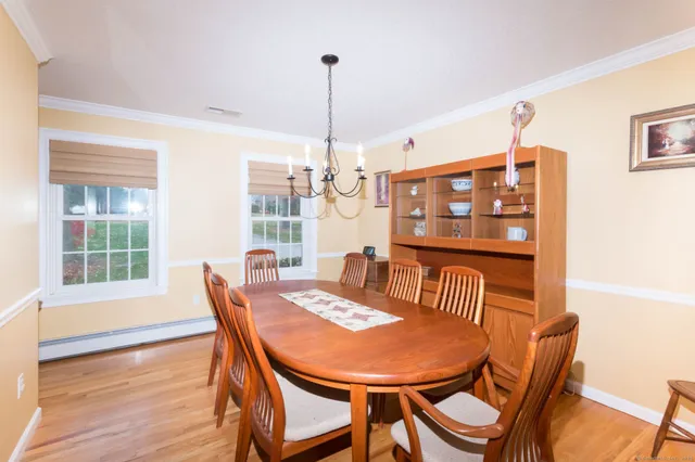 a view of a dining room with furniture window and wooden floor