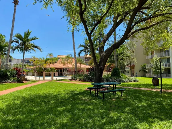 a garden with trees in front of it