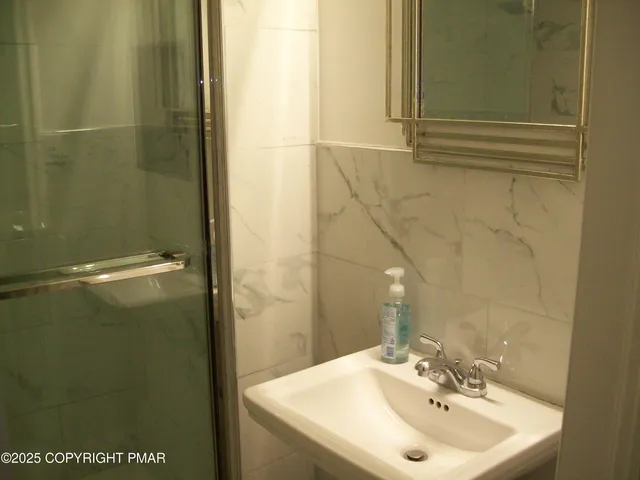 a bathroom with a sink and shower