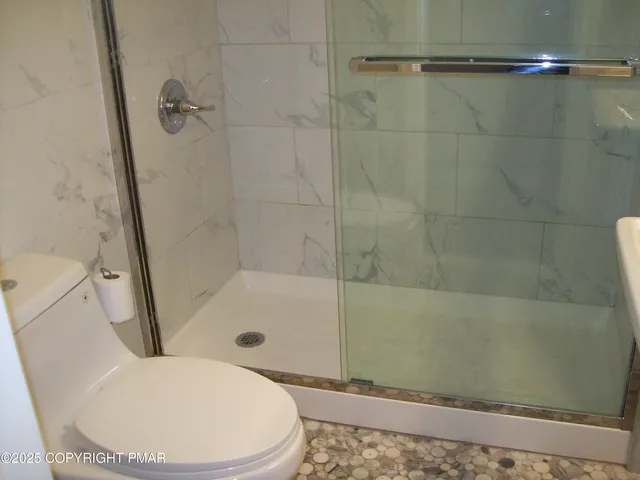 a bathroom with a toilet and a shower