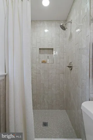 a bathroom with a shower and a toilet