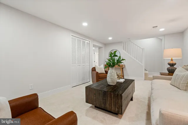 a living room with furniture potted plant and a window