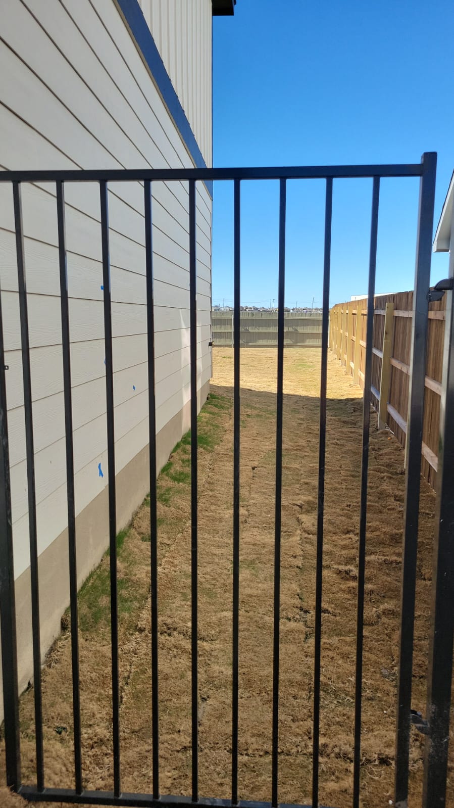 541 Pickrell Loop Georgetown, TX 78628 - Photo 31 of 32 The property features a side yard with a black metal gate, a wooden fence, and a clear view of the open sky