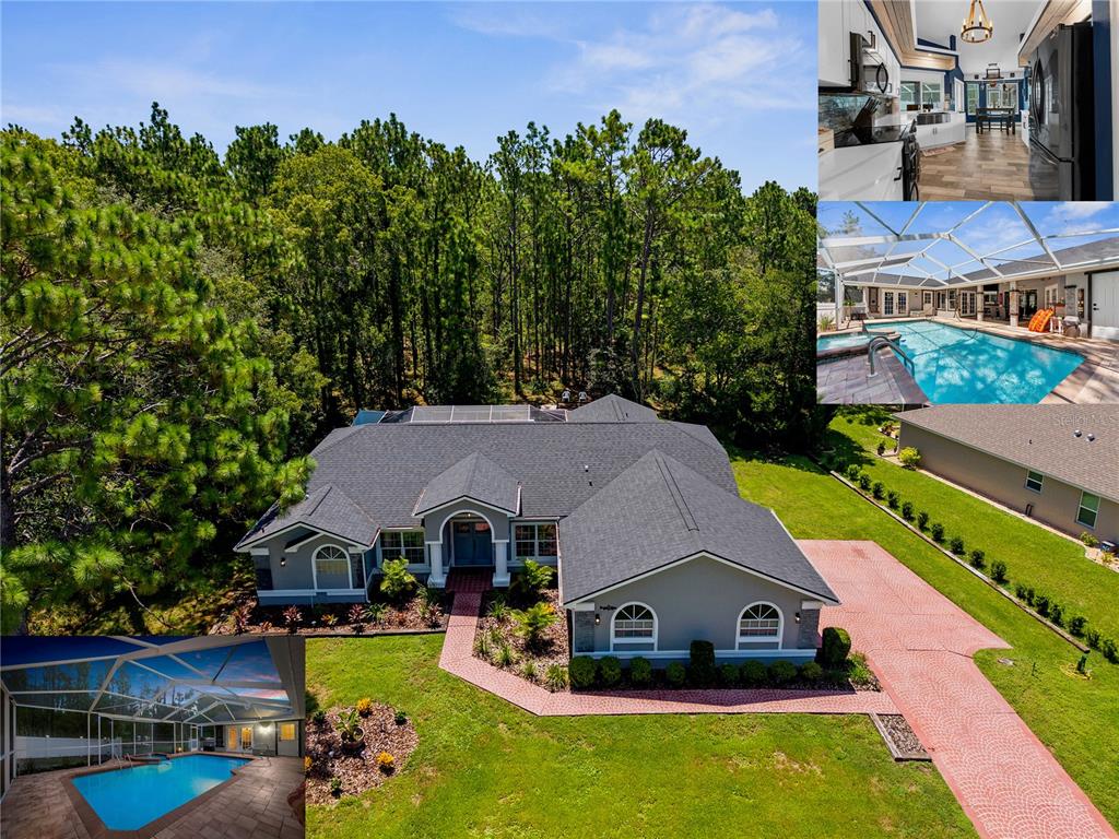 an aerial view of a house with swimming pool garden and patio