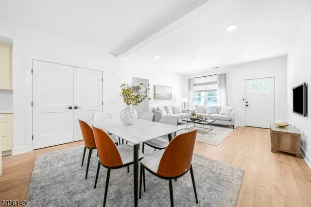 a view of a dining room with furniture