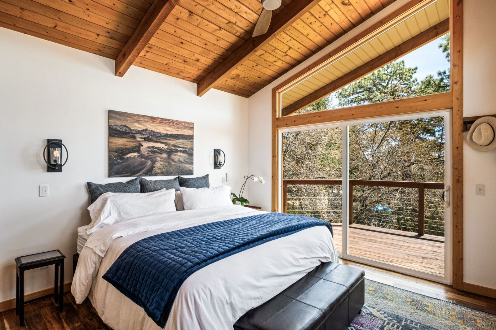 24750 Marion Ridge Drive Idyllwild, CA 92549 - Photo 34 of 45 a bedroom with a large bed and a balcony view