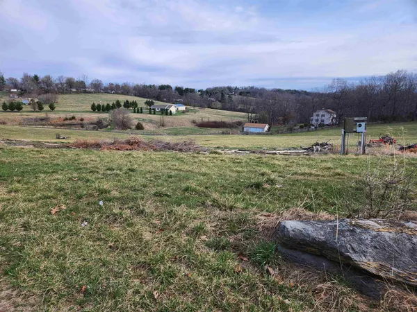 a view of a lake with houses in back