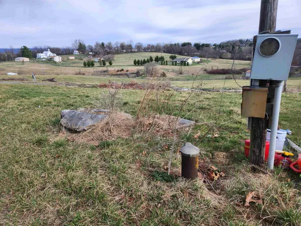 a view of a lake with a mountain and a garden