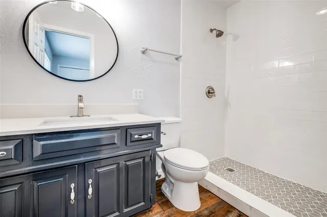 a bathroom with a sink a toilet and a mirror