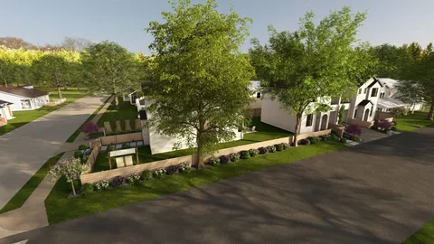 an aerial view of a house with a yard basket ball court and trampoline