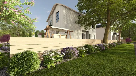 a backyard of a house with large trees and plants