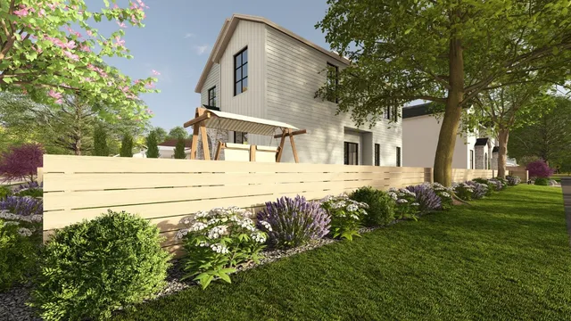 a backyard of a house with large trees and plants