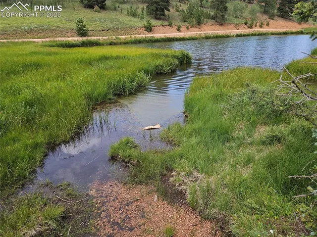 a view of a lake with a yard