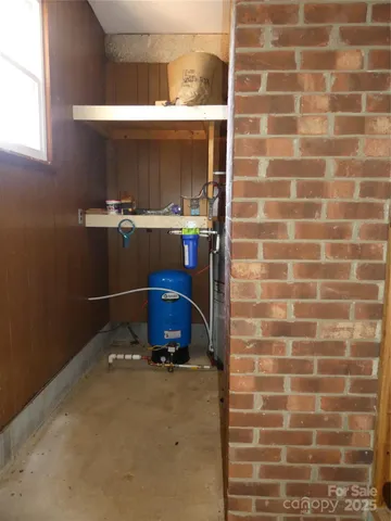 a room with a wooden cabinets