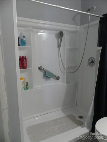 a bathroom with a shower and a toilet