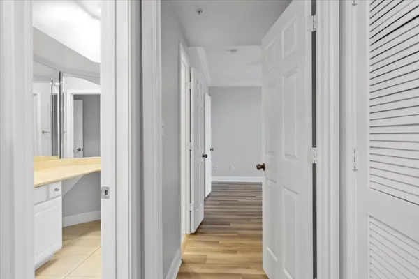 a view of a bathroom from the hallway