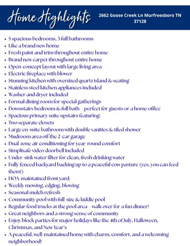 $549,000 | 2662 Goose Creek Lane, Murfreesboro, TN 37128