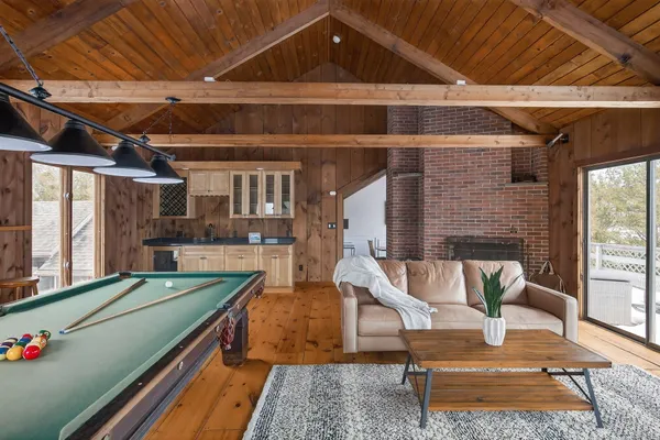 a view of a park with large trees