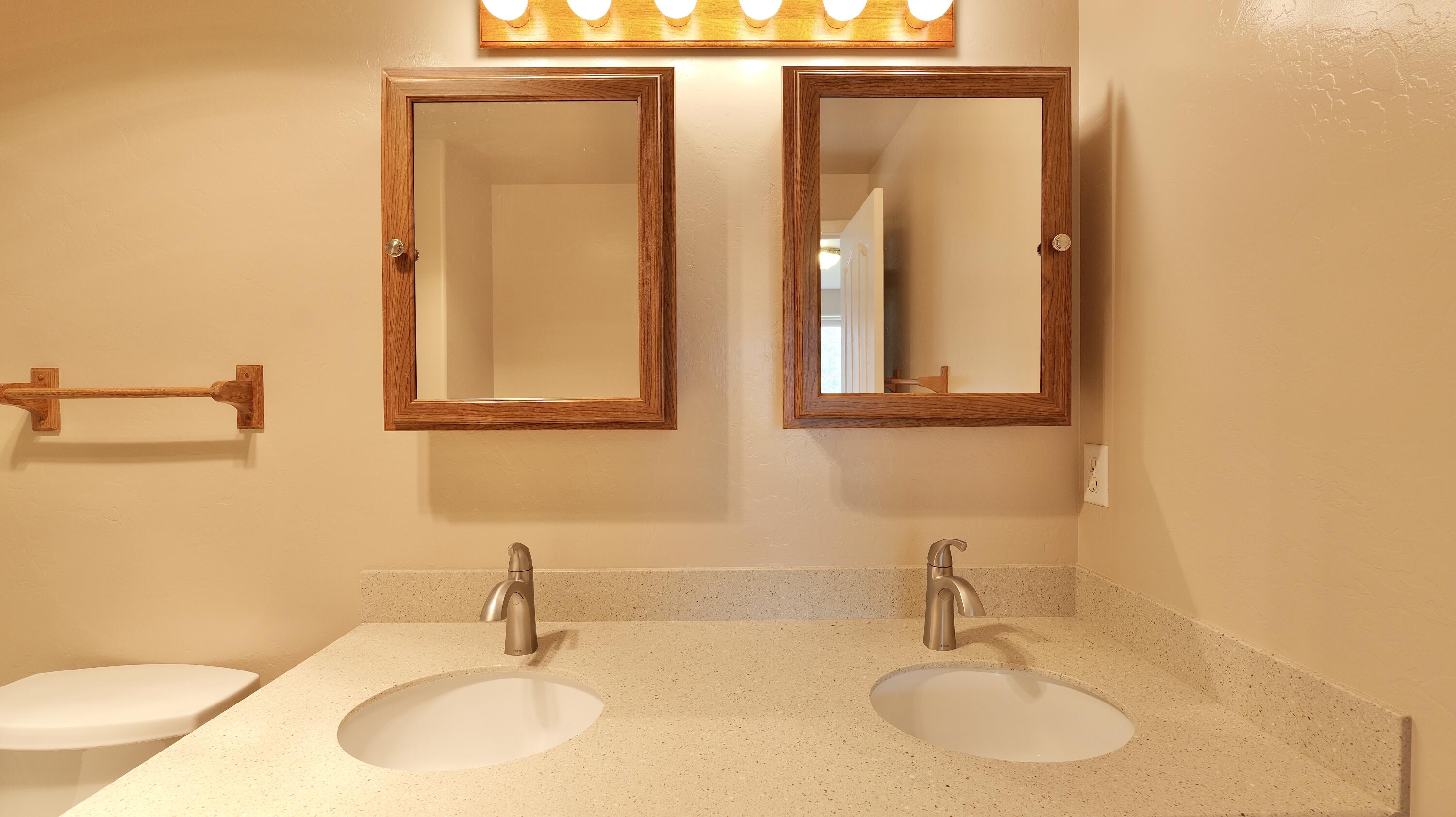 204 Shipley Terrace Prospect, OR 97536 - Photo 25 of 61 a bathroom with 2 sink and a mirror