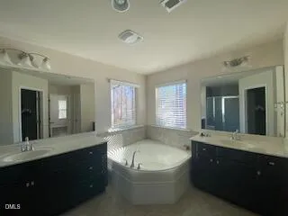 a bathroom with a tub sink and mirror