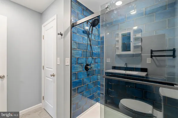 a bathroom with a shower and a sink
