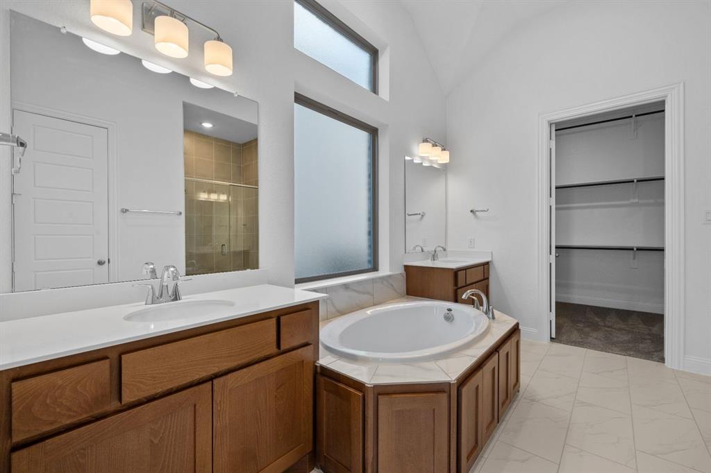 937 Mumms Drive Justin, TX 76247 - Photo 16 of 26 a bathroom with a sink a vanity and a mirror