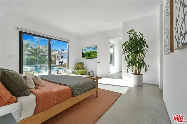a spacious bedroom with a large bed and a potted plant