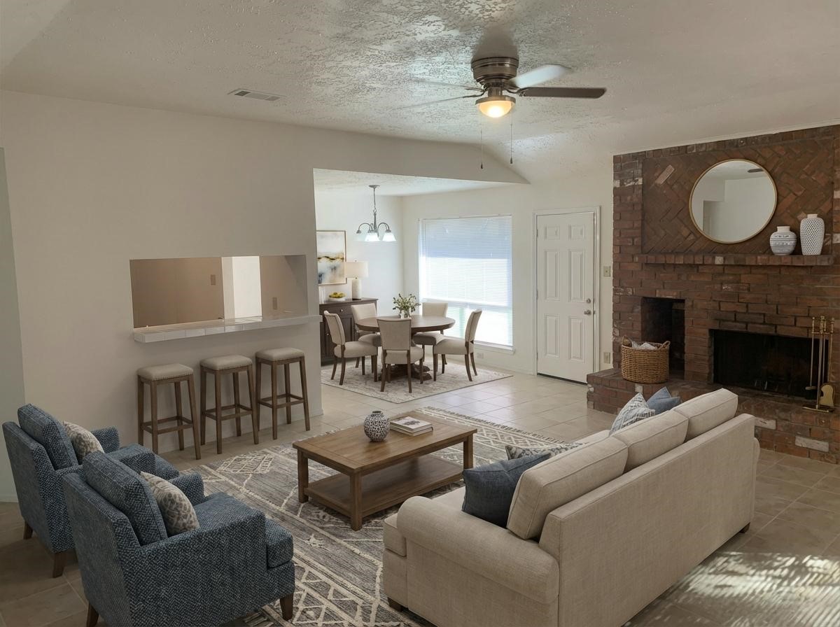 4419 Stallion Brook Lane Spring, TX 77388 - Photo 4 of 15 a living room with furniture a fireplace and a chandelier