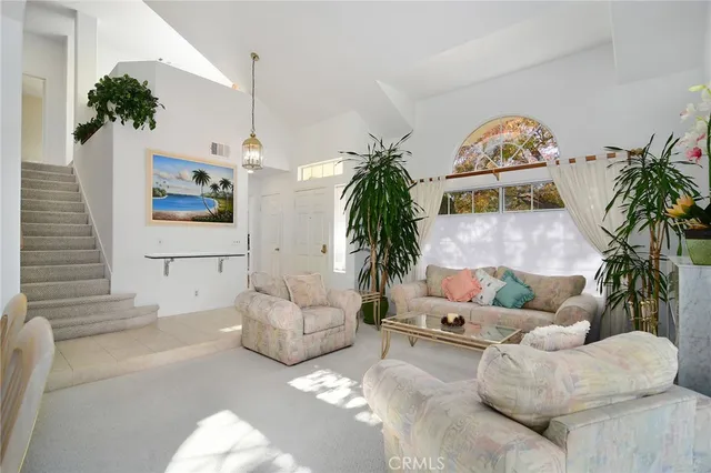 a living room with furniture and a potted plant
