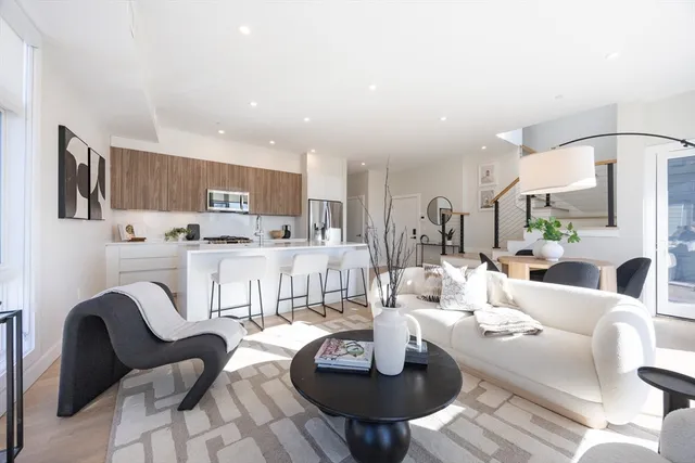 a living room with stainless steel appliances furniture a rug and a kitchen view