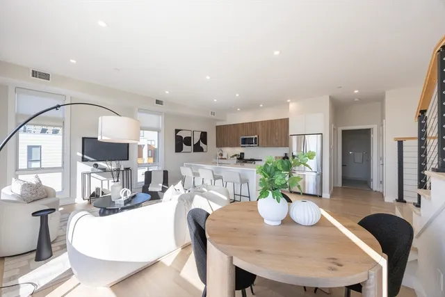 a view of a dining room with furniture