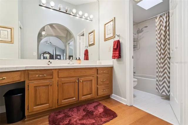 a view of a park with potted plants and large trees