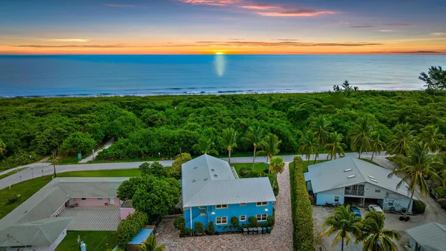 an aerial view of a house with a garden and a yard
