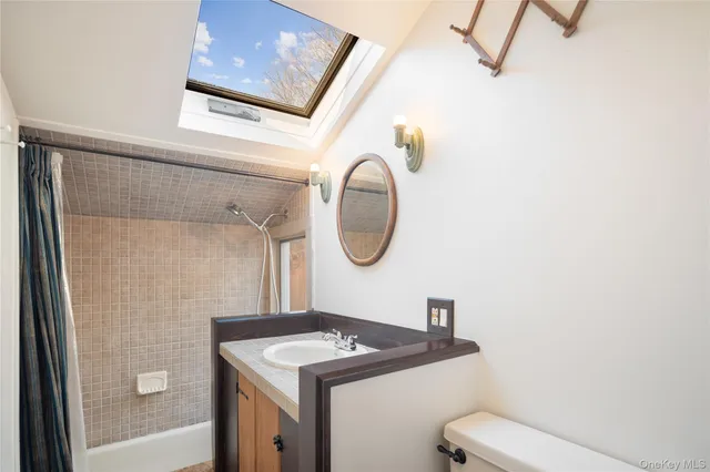 a bathroom with a sink a toilet and a mirror