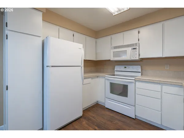 a kitchen with cabinets appliances and a refrigerator
